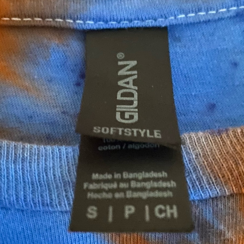 NEW Unisex Small GILDAN Soft Style Blue Orange Spiral Tie Dye T-Shirt Ballfield - Picture 7 of 8